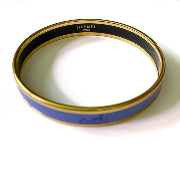 Hermes Jewelry - Hermes Blue Enamel Gold Trim Bangle Bracelet with Hermes Logo Horse